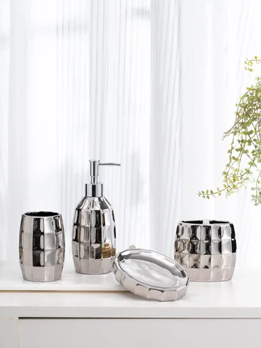 Miniatura 2 de Juego de accesorios de baño plateados, juego de accesorios de baño de cerámica de mosaico incluye dispensador de loción, vaso de soporte para Plata