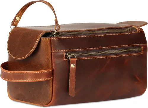 Miniatura 14 de KomalC Bolsa de aseo premium de cuero de búfalo para hombres y mujeres con forro resistente al agua, neceser de viaje unisex para artículos de aseo