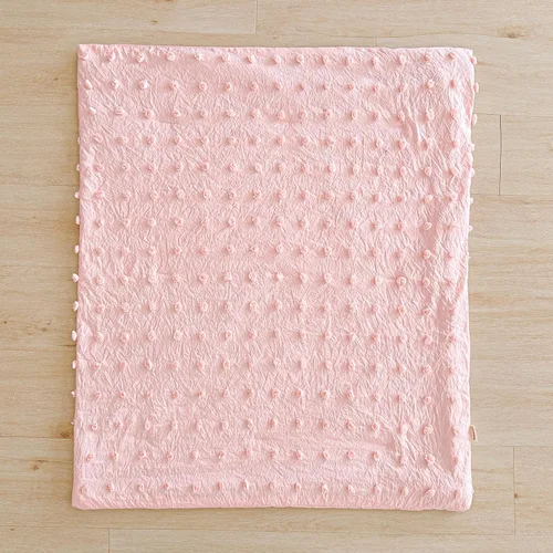 Miniatura 4 de Juego de ropa de cama rosa para cuna, edredón jacquard con lunares copetudos, sábana bajera y falda de cama, bonito bordado, bohemio, shabby chic