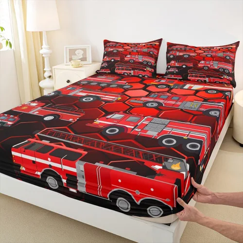 Miniatura 5 de Erosebridal Sábanas bajeras de camión de bomberos para niños, sábana bajera de panal de abejas de color rojo, tamaño individual, sábanas