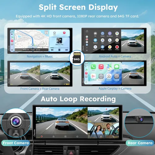 Miniatura 2 de CARPURIDE W125S Carplay inalámbrico HD de 11.26 pulgadas y pantalla automática Android, cámara 4K + 1080P+1080P Dash para automóviles con tarjeta