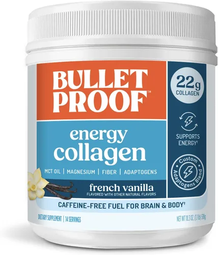 Bulletproof Energy - Proteína en polvo de colágeno, grano de vainilla, 0.71 onzas de péptidos de colágeno alimentados con pasto, 0.27 onzas de fibra