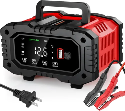 Cargador de Batería de Automóvil 20 Amperios, 12V 24V LiFePO4 Ácido de Plomo Mantenedor de Batería Inteligente Automático, Cargador de Goteo