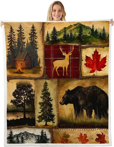 Miniatura 19 de Erosebridal Manta de vellón de animales del bosque, 40 x 50 pulgadas, con temática de caza de osos, ciervos, lobos, manta de felpa mullida