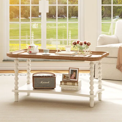 Miniatura 3 de Function Home - Mesa de centro de granja, mesa rústica blanca de estilo francés con estante de almacenamiento, mesas de centro de madera para sala