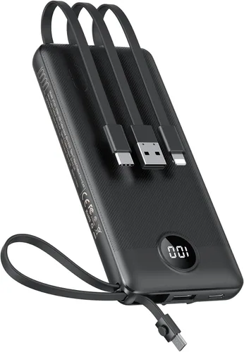 VEEKTOMX Cargador portátil con cables integrados, cargador de batería de 10000 mAh para iPhone, carga rápida, USB C, paquete de baterías esenciales