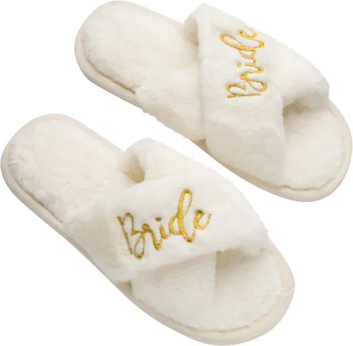 Bride Slippers and Bridesmaid Slippers Bride Gifts for Bridal Shower, Bachelorette Party, Engagement Party, Wedding Day, etc. Cozy White Fur Bride