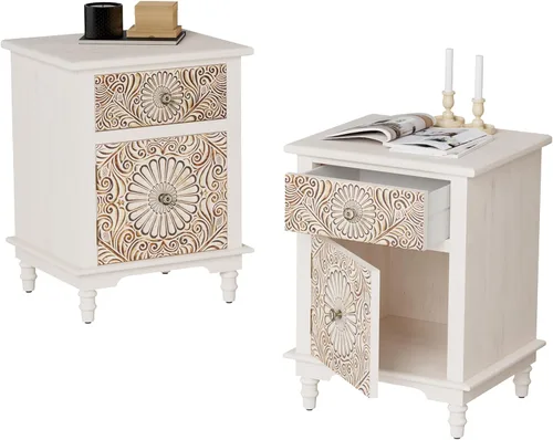 Miniatura 10 de COSIEST Mesita de noche vintage de 2 piezas, mesa de noche MDF de 2 niveles, mesa auxiliar de madera con cajón de almacenamiento y estante abierto