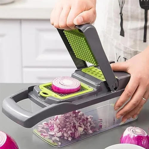 Picador y cortador multifuncional de verduras - Cortador de alimentos con cuchillas reemplazables para cebollas y más (gris)