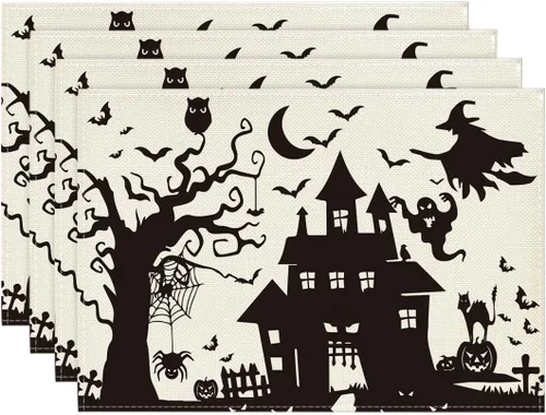 Artoid Mode Juego de 4 manteles individuales espeluznantes de Halloween de 12 x 18 pulgadas, diseño de casa embrujada, árbol, fantasma, bruja,