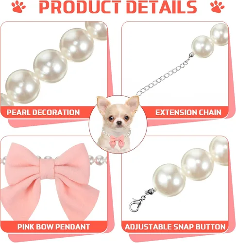 Miniatura 3 de LEIFIDE Collar de perlas para perro, joyería con colgante de lazo rosa, collares de perlas elegantes, collar ajustable para perros y gatos, collar