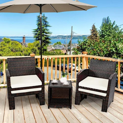 Miniatura 3 de Tangkula Patiojoy - Juego de muebles de patio de mimbre de 5 piezas con funda impermeable, sillas acolchadas para exteriores y otomanas con mesa