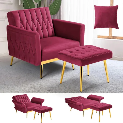 Miniatura 12 de Silla de terciopelo Accent con apoyabrazos y respaldo ajustables, sillón de ocio con botones acolchados, sillón reclinable individual con otomano