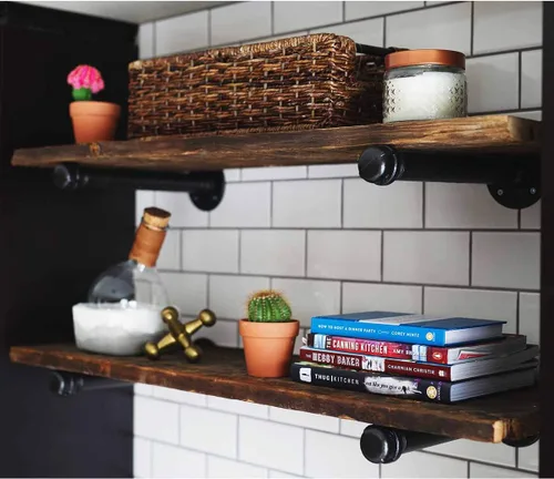 Miniatura 6 de Soportes para estantes de tubería de 10 pulgadas, soporte de pared de metal negro industrial flotante para estantes de madera, estilo rústico