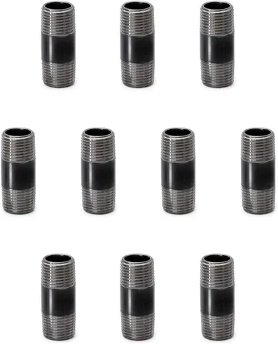 Paquete de 10 tubos de hierro industrial de 1/2 x 2 pulgadas, acero precortado resistente, boquilla de metal roscada para proyectos de bricolaje,