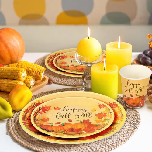 Miniatura 5 de Whaline Juego de vajilla de otoño de 100 piezas para 25 invitados, juego de vajilla desechable de calabaza colorida con hojas de otoño, platos