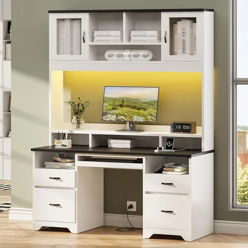 Miniatura 11 de Bestier Escritorio Ejecutivo de 77.8" de Alto con Estante Superior, Escritorio Moderno de Madera para Computadora con Cajones, Estación de Carga