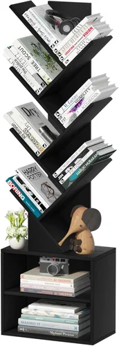 Miniatura 16 de SHEEPAM - Estantería pequeña con cajón, estantería de 4 niveles en forma de árbol en color negro, estantería de escritorio de madera, estanterías