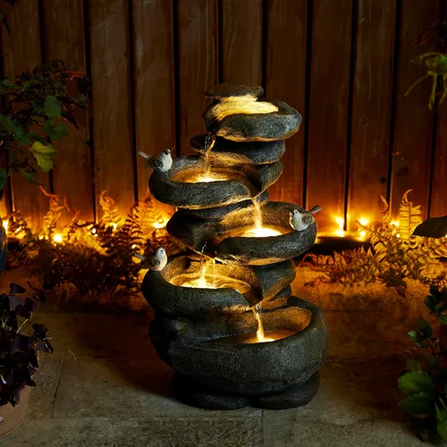 Miniatura 20 de Glitzhome Fuente de agua para exteriores con luz LED y bomba, moderna fuente de poliresina de 5 niveles y esfera para exteriores, fuente de cascada