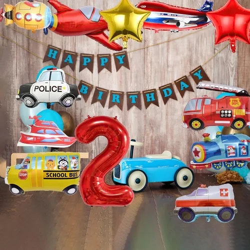 Miniatura 7 de 12 piezas de camiones de transporte, avión, autobús escolar, camión de bomberos, coche de policía, barco, ambulancia, submarino, globo de número