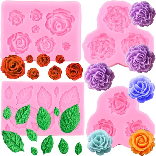 Zixiang Molde de Caramelo de Flores de Rosa Moldes de Fondant de Hojas Moldes de Flores de Peonía Moldes de Silicona para Repostería Artística Pasta