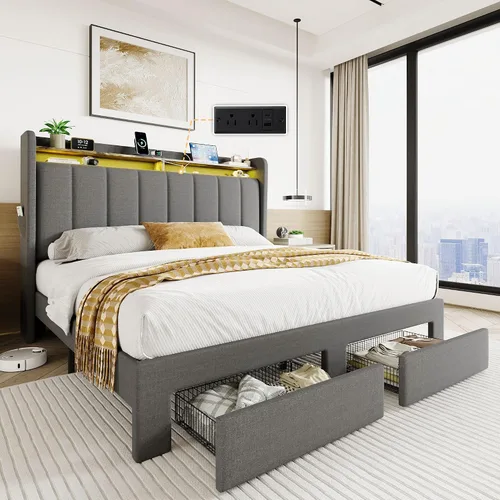 Miniatura 11 de SHA CERLIN Base de cama de plataforma de tamaño matrimonial con cabecera de canal vertical copetuda y 2 cajones de almacenamiento, estantes de 2