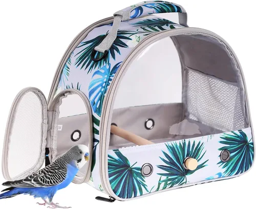 Miniatura 14 de Porta pájaros de viaje con soporte y percha, jaula transpirable para loros, portador de pájaros para senderismo, aprobado para aerolíneas Gris