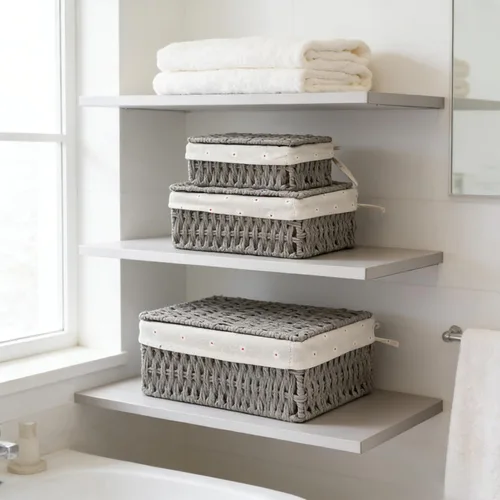 Miniatura 7 de Cestas de almacenamiento con tapas, juego de 3, cestas de mimbre tejidas anidables, cestas decorativas con tapa para estantes, dormitorio, baño, Gris