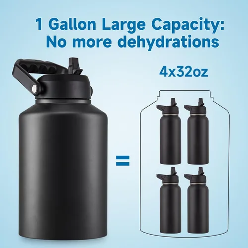 Miniatura 4 de EALGRO Botella de Agua Aislada de Medio Galón Jarra con Pajilla, 64 oz Frasco de Agua Deportivo de Metal de Acero Inoxidable Grande con Asa, Taza