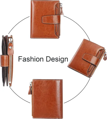 Miniatura 3 de Lavemi Cartera pequeña y compacta para mujer con bloqueo RFID monedero plegable de cuero genuino con ventanas de identificación