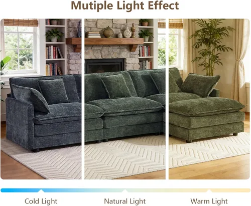 Miniatura 9 de Sofá modular modular de felpilla de asiento profundo, sofá en forma de L con almohadas y otomana móvil, cómodos sofás seccionales de nube de 3 Verde