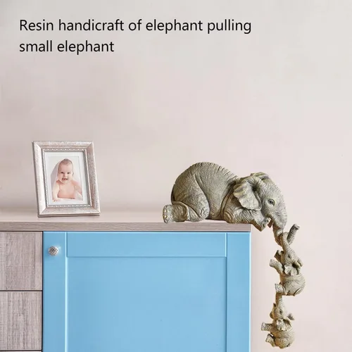 Miniatura 6 de Juego de 3 estatuas de elefante, resina para colgar 2 elefantes en el borde, escultura de elefantes de la suerte colgando del borde de un estante