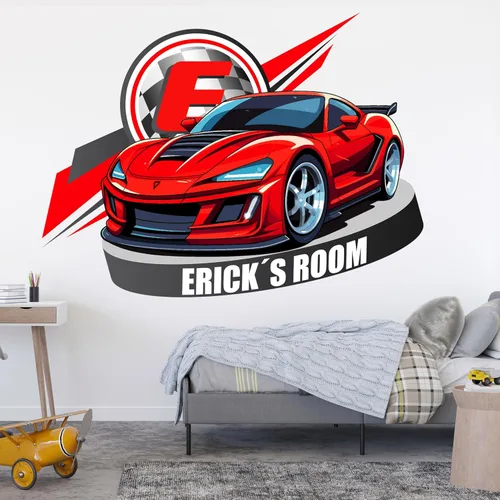 Miniatura 11 de Decoración de habitación de coches para niños, calcomanía de pared con nombre de bandera de carreras, arte de pared personalizado para niños, bebés