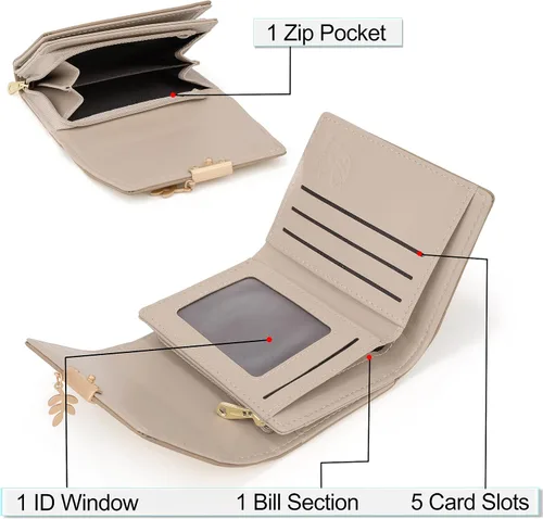 Miniatura 56 de UTO - Cartera pequeña RFID de piel sintética con dije de hoja, cierre de cremallera y tarjetero.