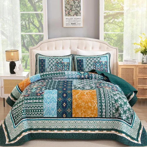 Miniatura 21 de WONGS BEDDING Juego de edredón bohemio tamaño matrimonial, juego de colcha de retazos beige de 3 piezas, juego de ropa de cama de microfibra suave