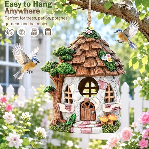 Miniatura 4 de Yinns Casa de pájaros de resina para exteriores, casas de pájaros para exteriores para anidar pájaros silvestres, casas decorativas de piedra