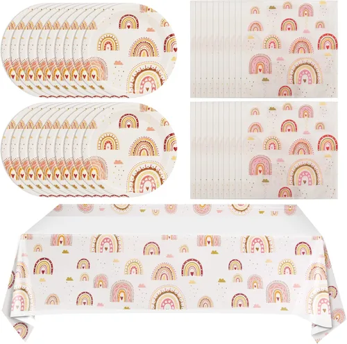 Suministros de fiesta de arco iris bohemio, juego de vajilla de baby shower, incluye platos de papel, servilletas, mantel para fiesta de cumpleaños