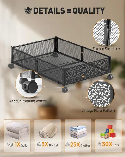 Miniatura 3 de Almacenamiento Debajo de la Cama con Ruedas, Contenedores de Almacenamiento Debajo de la Cama de Metal Calado con Patrón Plegable, Almacenamiento