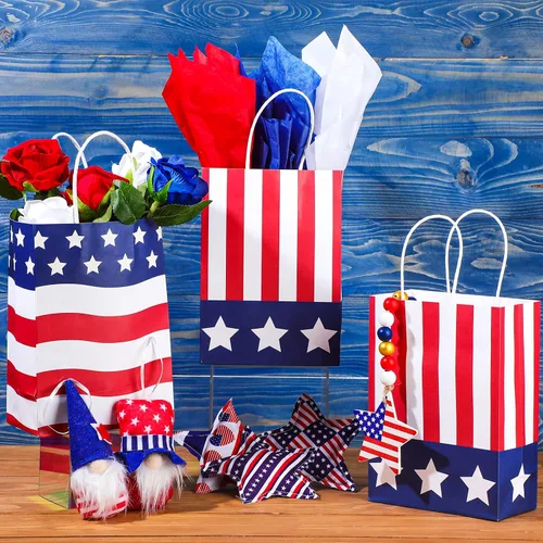 Miniatura 4 de Tisancy 30 bolsas de regalo patrióticas con asa con 30 piezas de papel de seda rojo, blanco y azul, 4 de julio, bandera estadounidense, bolsas