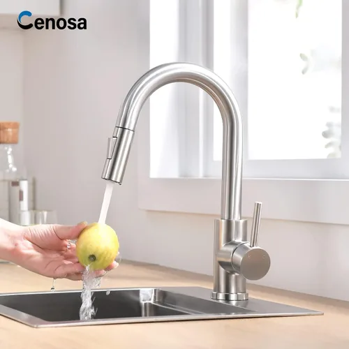 Miniatura 7 de Grifo de Barra Moderno para Fregadero de Cocina de Una Sola Manija con Rociador Extraíble Caliente y Frío de Níquel Cepillado CENOSA 4 níquel