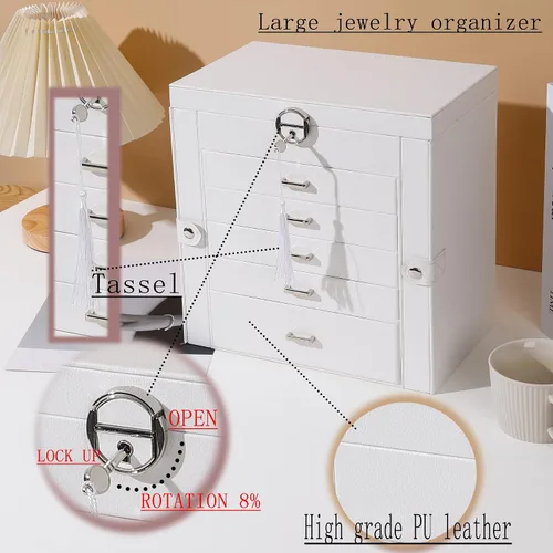 Miniatura 7 de BOOVO Joyero para mujer, organizador de joyas grande de 6 capas con espejo, caja de almacenamiento multifunción con cerradura, soporte