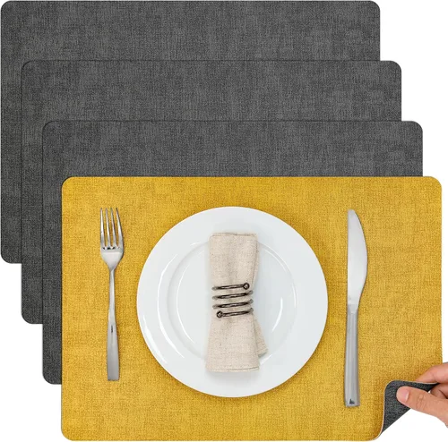 Miniatura 56 de Myir JUN Juego de 6 manteles individuales de doble cara, de piel sintética, para interiores, para mesa de comedor, exteriores, cuadrados, Negro