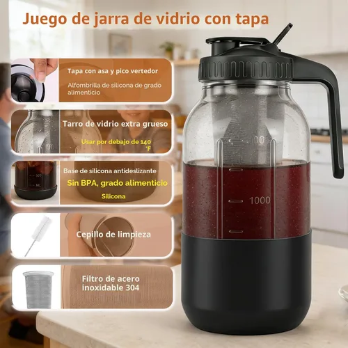 Miniatura 3 de Cafetera de café frío, jarra de frasco Mason con filtro de acero inoxidable, tapa con mango y pico vertedor, vidrio resistente hermético y a prueba