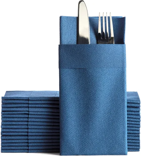 Servilletas de papel de color azul marino con bolsillo para cubiertos, desechables, absorbentes y sensación de lino para cocina, baño, fiestas,