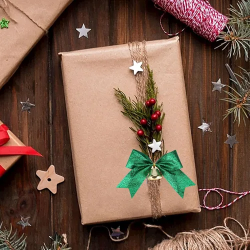 Miniatura 4 de Meseey 12 Lazos de Navidad con Campana de 4 Pulgadas Lazos de Cinta Verde Metálico con Purpurina Lazos Prefabricados con Alambre Retorcido de Brillo
