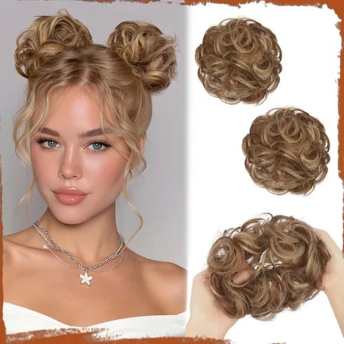 Miniatura 28 de Sofeiyan 2 piezas de extensión de cabello rizado ondulado en forma de moño desordenado, mini moño desordenado con banda elástica, peluca sintética