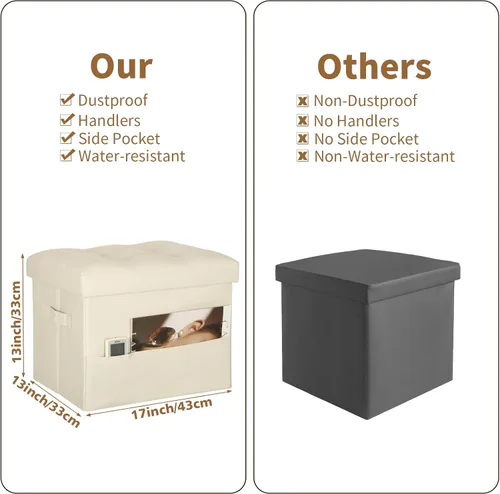 Miniatura 2 de BelugaHelper Otomana de almacenamiento reposapiés taburete, banco reposapiés de cuero plegable con asiento acolchado de espuma más gruesa. Taburete