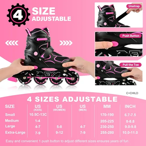 Miniatura 5 de 2PM SPORTS Patines en línea para niños y niñas, niños de 5 a 8 a 12 años, 4 a 6, 6 a 12 años, con ruedas iluminadas, cuchillas ajustables para Rosa