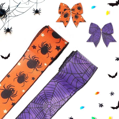 Hying Cintas de araña de Halloween – Cintas de arpillera de arpillera púrpura y naranja para lazos de corona, envoltura de regalos y decoraciones de
