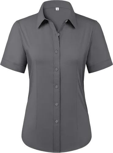 Miniatura 18 de Siliteelon - Camisas de vestir con protección contra manchas, sin arrugas, de manga corta, color liso, con botones, para mujer